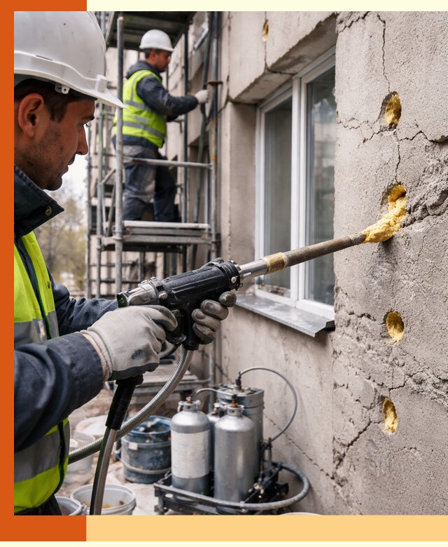 Заполнение пустот в фасаде и утепление стен в Соликамске